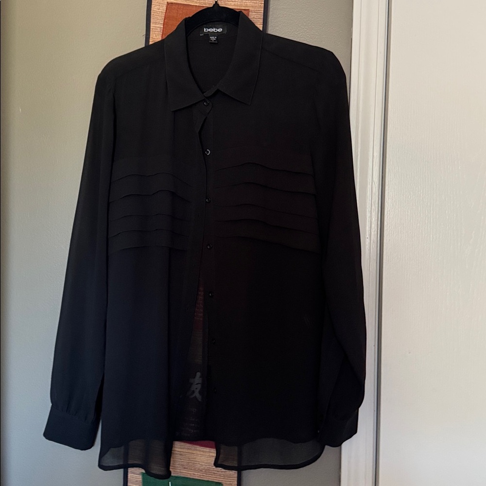 BEBE SHEER LONG SLEEVE BLACK SHIRT, SZ large